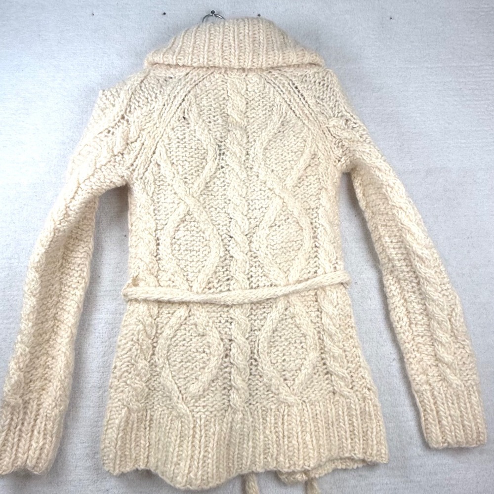 Y2K PINK Cream 100% Wool Cable Knit Belted Cardigan Sweater M Grandpa prepy - Picture 9 of 10